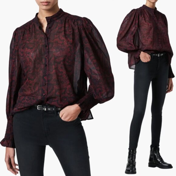 AllSaints Leonie Stanza Blouse 6 Burgundy Python Semi Sheer Cotton Shirt $220 - Picture 1 of 16